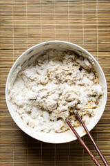 dough being mixed with chopsticks, Loosely folded bread dough, bread dough, low hydration dough, process of making bread