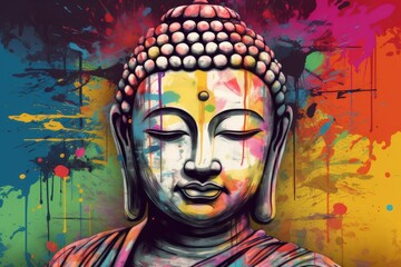 Buddha in a vibrant and captivating Pop Art concept illustration, merging traditional spirituality with a contemporary and bold artistic style. Generative AI