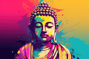 Buddha in a vibrant and captivating Pop Art concept illustration, merging traditional spirituality with a contemporary and bold artistic style. Generative AI