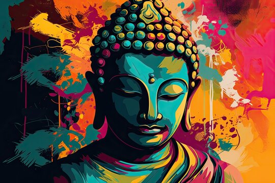 Buddha in a vibrant and captivating Pop Art concept illustration, merging traditional spirituality with a contemporary and bold artistic style. Generative AI