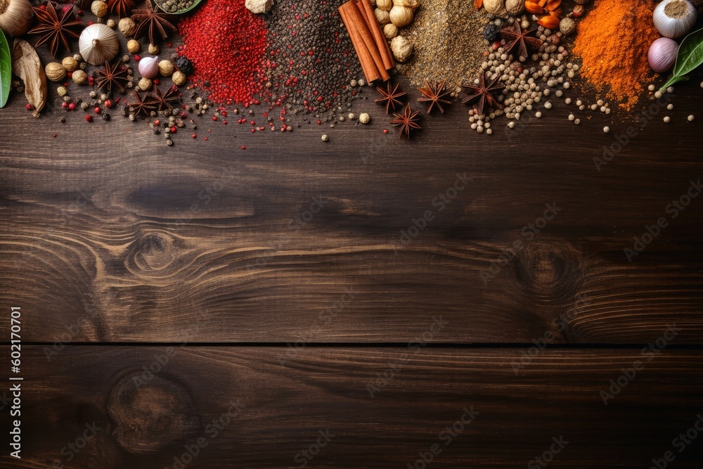 Wall mural top view of a lot of spices on a wooden table with copy space created with generative ai technology.