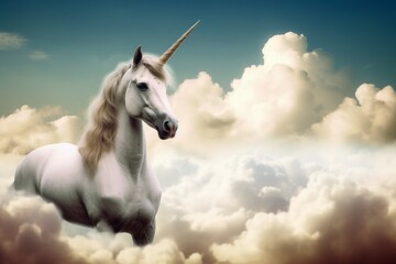 Plakat A beautiful unicorn surrounded by soft clouds created with generative AI technology.