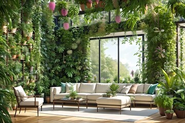 Fototapeta na wymiar Interior with many lush green plants, generative ai illustration