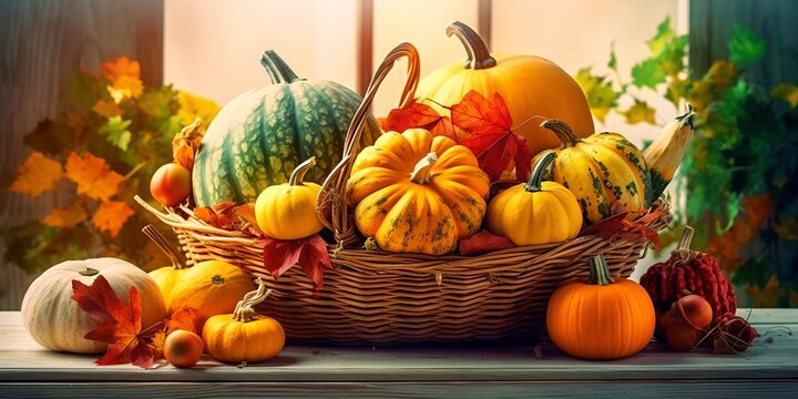 Happy Thanksgiving. Harvest pumpkins with fruits and falling leaves, generative ai image