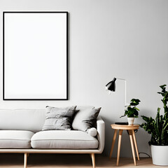 A blank picture frame mockup on a white wall in a modern room 