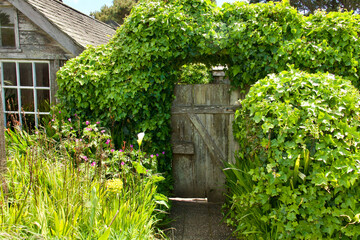 Fototapeta na wymiar old fashioned cottage with rustic wood gate