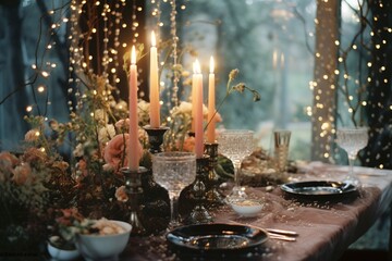 Festive outdoor autumn table setting, generative ai