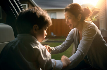 Latina woman receives her young son who has just arrived from a long trip. Ai generated.