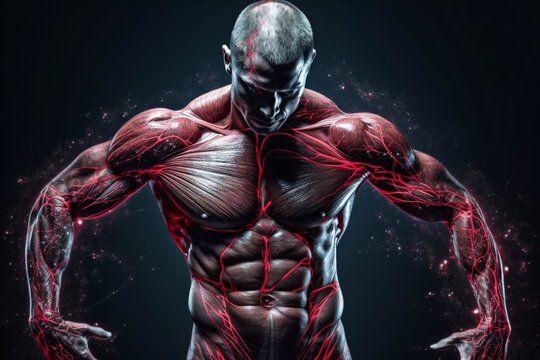 Illustration with all the pectoral muscles and arms of a man. Ai generated.