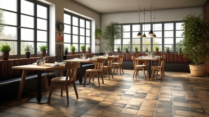 A restaurant with wooden tables and chairs and a large. Generative ai