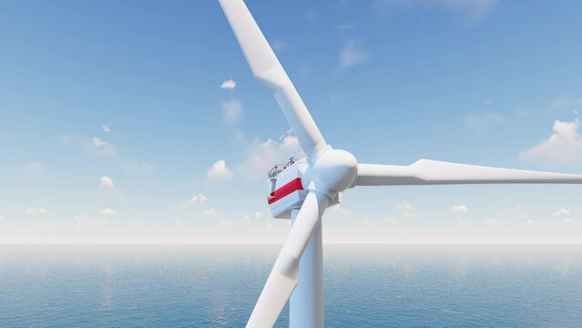 4K ULTRA HD. Offshore wind turbines farm on the ocean. 3D Animation. Sustainable energy production, clean power. 