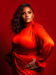 Plus size model poses standing against the wall in a photo studio. Women's power and strength. AI-generated fictional character