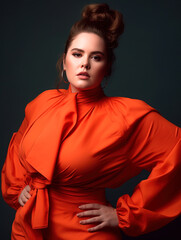 Plus size model poses standing against the wall in a photo studio. Women's power and strength. AI-generated fictional character