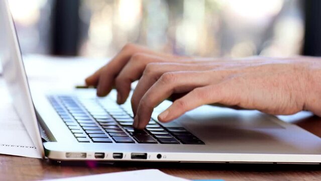 Zoom of business woman hands, laptop or manager for research, planning or search for innovation creative marketing KPI strategy. Manager or employee with tech for networking or typing SEO schedule