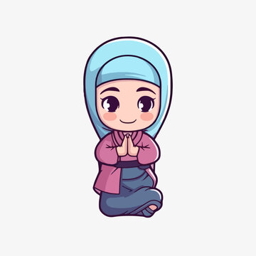 Cute cartoon vector of a Muslim woman wearing a hijab, for Eid al Adha and Eid al Fitr, in a flat style