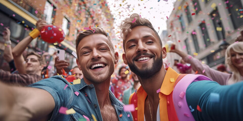 young male gay happy couple taking a selfie on a LGBTQ pride parade fest, two men with make-up smiling to the camera in a homosexual LGBT celebration, generative AI