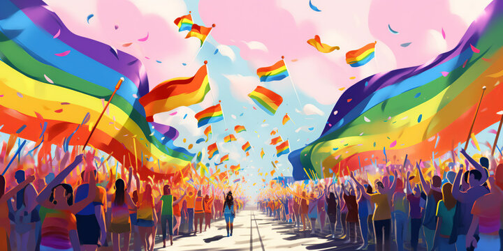 LGBTQ pride month parade minimalist illustration, people waving rainbow flags, generative AI
