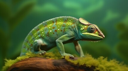 A colorful chameleon perched on a vibrant green surface. Generative ai