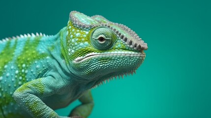 Obraz premium A colorful chameleon perched on a vibrant green surface. Generative ai