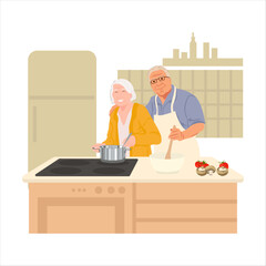 Happy elderly couple preparing food in the kitchen.