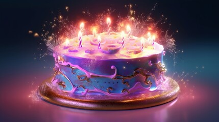 Illustration of a birthday celebration with a cake and candles on a table. Generative ai