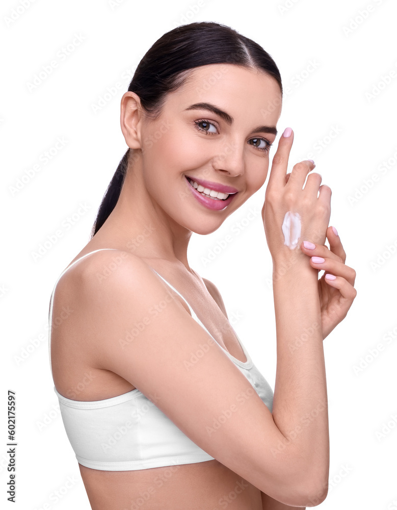 Canvas Prints Beautiful woman with smear of body cream on her hand against white background