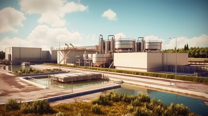 Obraz premium Illustration of an industrial complex with a serene pond in the foreground. Generative ai