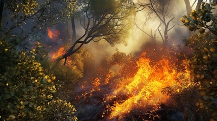 Illustration of a raging wildfire spreading through a dense forest landscape. Generative ai