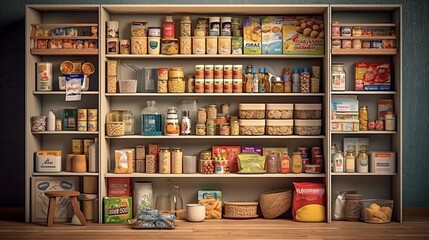 Illustration of a pantry stocked with a variety of food items. Generative ai - obrazy, fototapety, plakaty