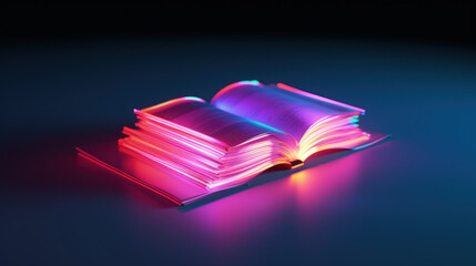 Book with magical neon glow, concept of knowledge and education created with generative AI technology