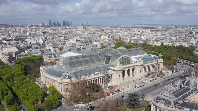 Aerial view of Grand Palais and Champs-&Eacute;lys&eacute;es street
wit Arch de Triumph on horizon in Paris