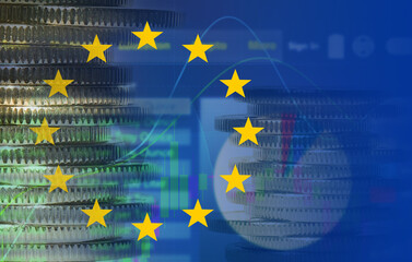 Stock exchange. Multiple exposure with European flag, coins, trading data and graphs