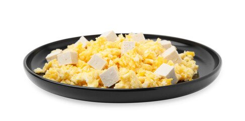 Plate of delicious scrambled eggs with tofu isolated on white