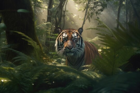Bengal tiger in forest, Generative AI © Sasint