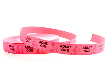 Pink Admit One tickets on white background