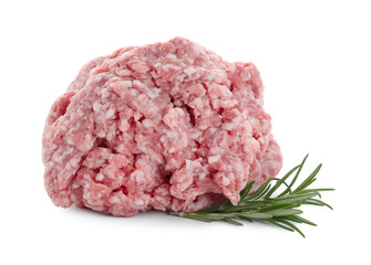 Raw fresh minced meat with rosemary isolated on white