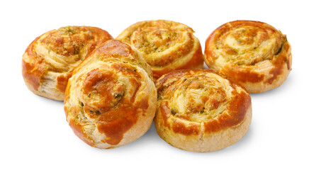 Fresh delicious puff pastry with tasty filling on white background