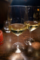 wo glasses of Chilean Chardonnay Viognier white wine served in cosy Dutch restaurant