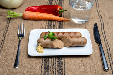 Tasty vegan sausages made from vegetarian plant based soya beans imitation meat