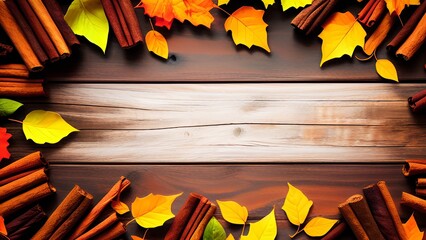 Autumn Bliss: A Cozy Seasonal Arrangement of Leaves, Pumpkins, and Cinnamon on a Rustic Wood Background