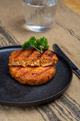 Tasty vegan burgers made from vegetarian plant based soya beans imitation meat