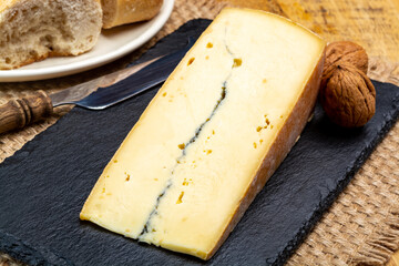 Cheese collection, French Morbier semi-soft cow milk cheese with black mold layer