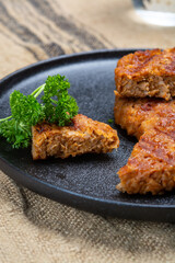 Tasty vegan burgers made from vegetarian plant based soya beans imitation meat