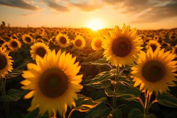 Close up beautiful sunflower at field, agriculture, generative ai.