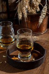 Speyside scotch whisky tasting on old dark wooden vintage table with barley grains close up