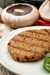 Tasty vegetarian burgers made from healthy quinoa, basil, portobello champignon and shiitake mushrooms