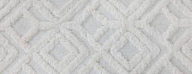 Texture of white carpet with beautiful pattern as background, closeup. Banner design