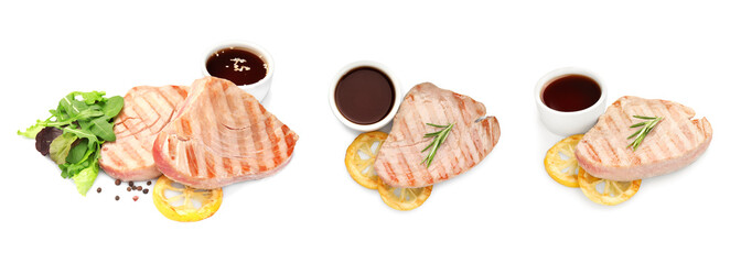 Collage with delicious grilled tuna steaks with sauce on white background