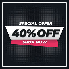 40%off discount banner for promotion and offers.
black background special offer


