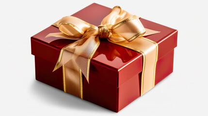 A red gift box with a gold ribbon. Generative AI.